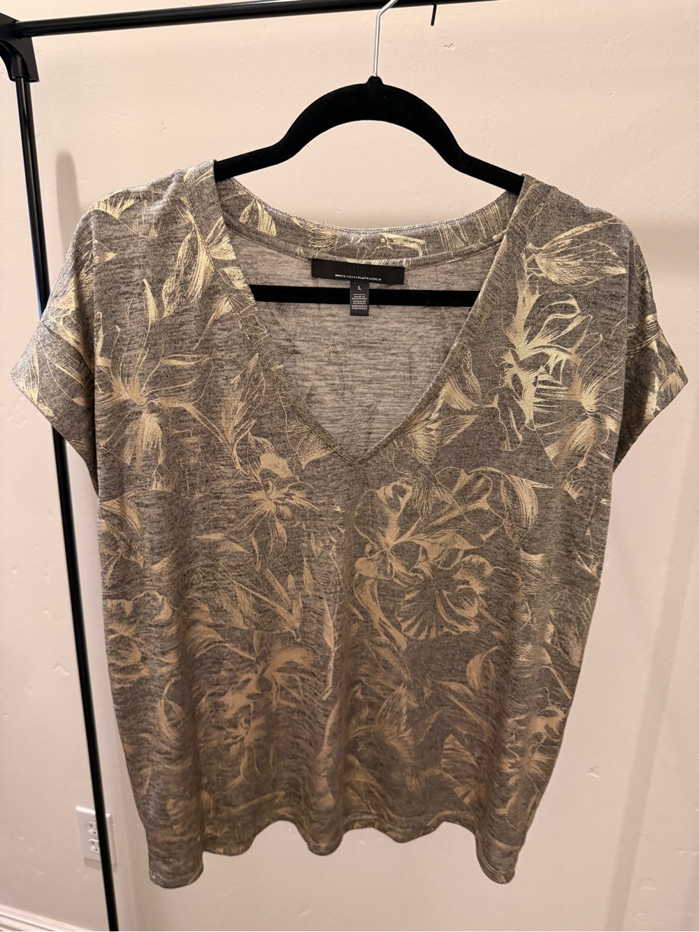 White House Black Market Gray V-Neck Top with Cream Floral Print